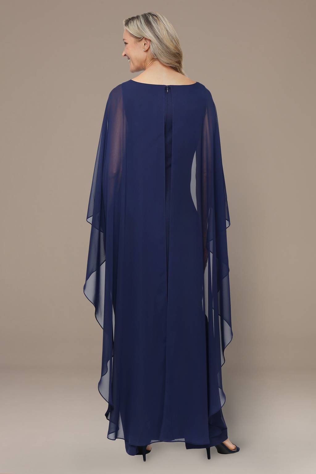 Long Stretch Crepe Column Dress with Heat Set Illusion Neckline and Dramatic Chiffon Ca Alex Evenings 8460591