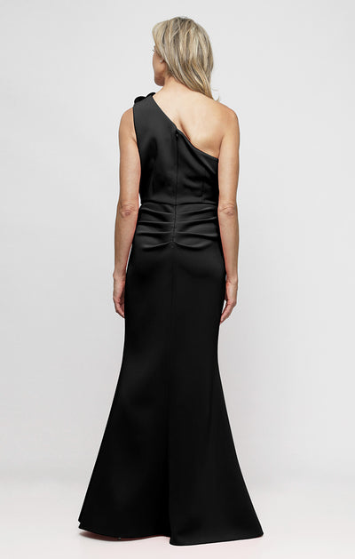 Black One-Shoulder Floor-Length Stretch Crepe Cocktail Dress with 3-D Flower Alex Evenings 8160599