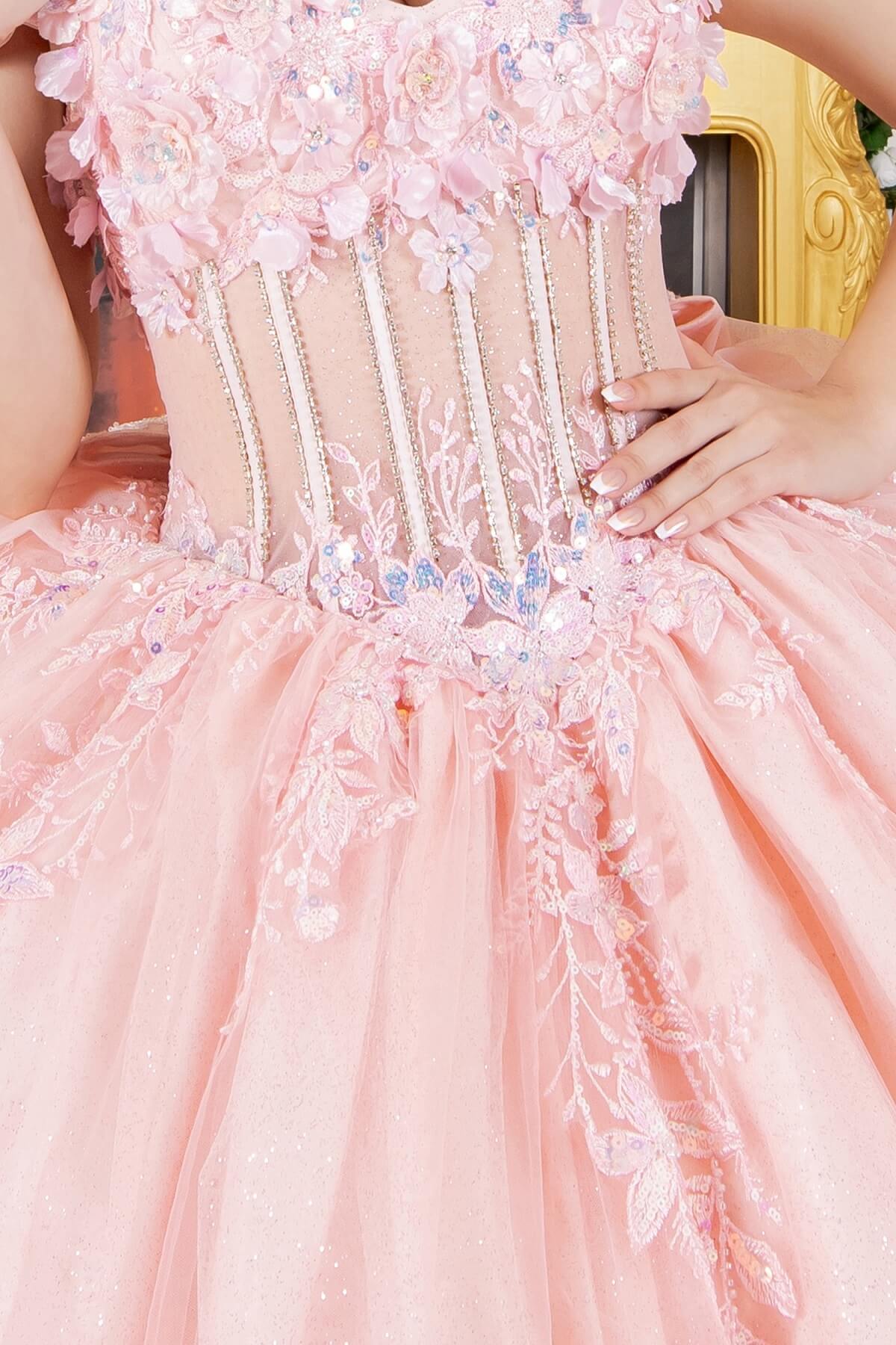 Pink Sweetheart Floor Length Glitter Tulle Quinceanera Ball Gown with 3D Floral Applique and Detachable Bow Cinderella Couture 8160J
