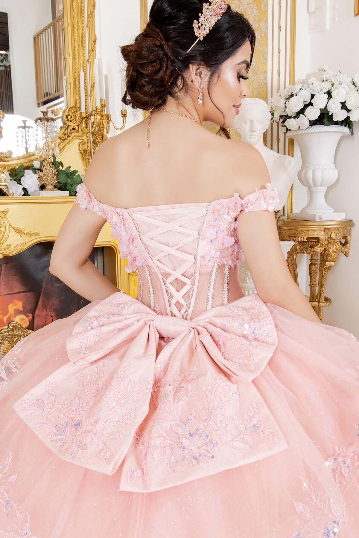 Pink Sweetheart Floor Length Glitter Tulle Quinceanera Ball Gown with 3D Floral Applique and Detachable Bow Cinderella Couture 8160J
