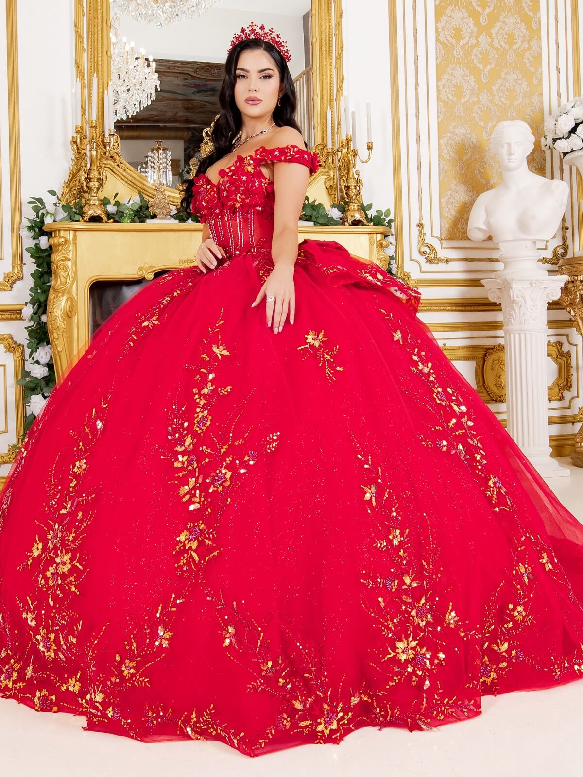 Red Sweetheart Floor Length Glitter Tulle Quinceanera Ball Gown with 3D Floral Applique and Detachable Bow Cinderella Couture 8160J