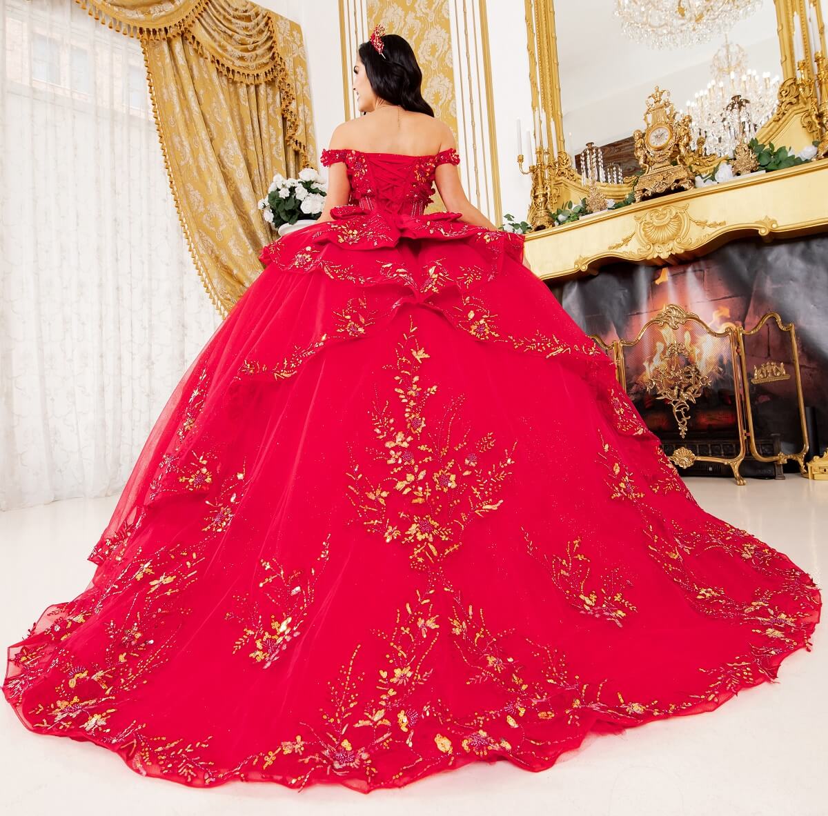 Red Sweetheart Floor Length Glitter Tulle Quinceanera Ball Gown with 3D Floral Applique and Detachable Bow Cinderella Couture 8160J