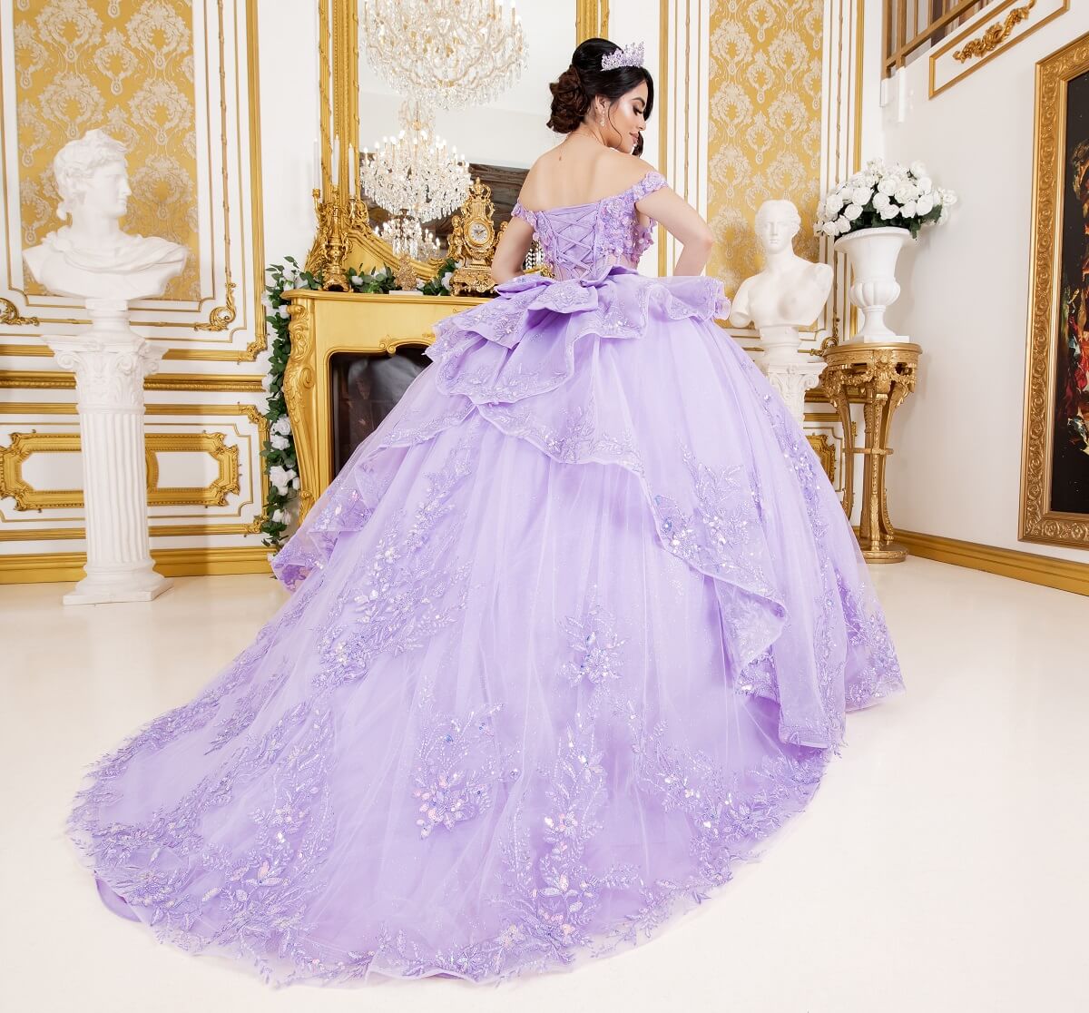 Lilac Sweetheart Floor Length Glitter Tulle Quinceanera Ball Gown with 3D Floral Applique and Detachable Bow Cinderella Couture 8160J