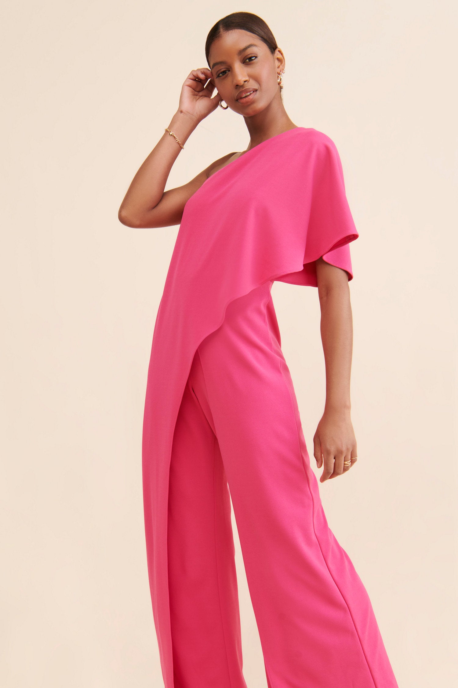 One Shoulder Floor Length Crepe Formal Jumpsuit with Flutter Overlay Adrianna Papell AP1E201788