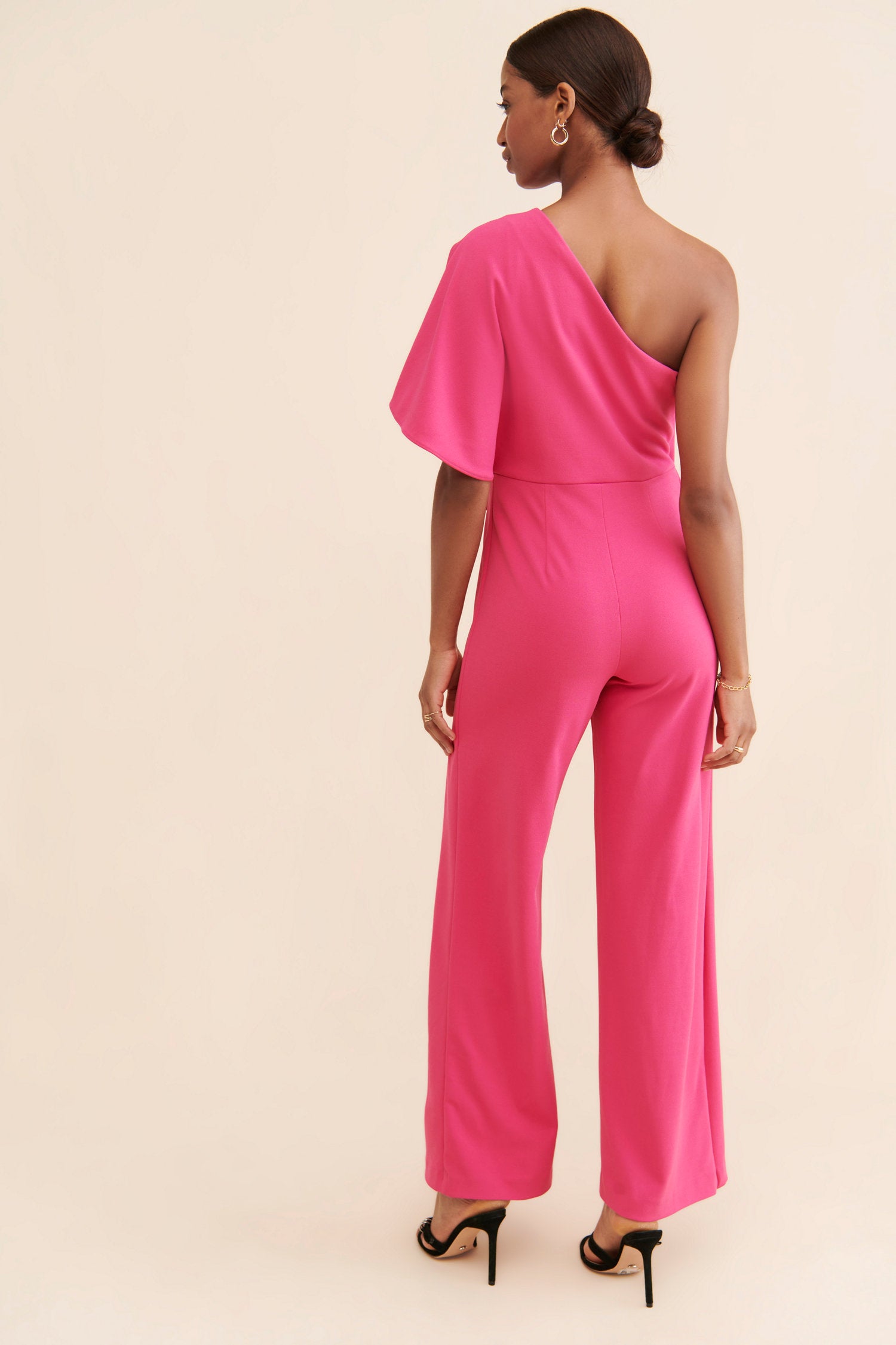 One Shoulder Floor Length Crepe Formal Jumpsuit with Flutter Overlay Adrianna Papell AP1E201788