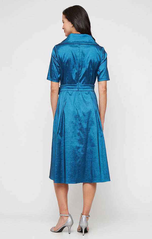 V-Neck Tea-Length Satin Formal Fit & Flare Dress by Alex Evenings 8266723