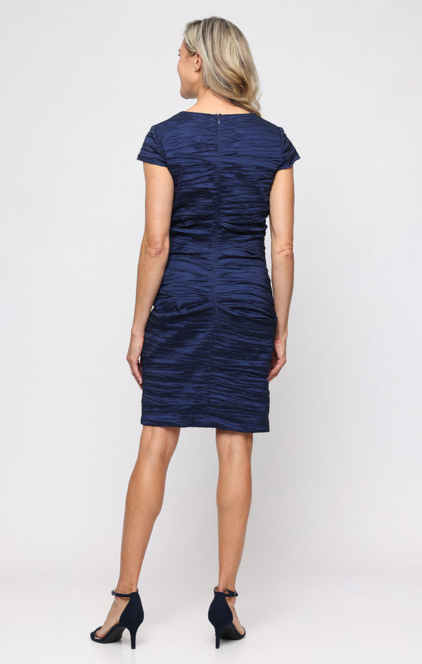 Navy V-Neck Short Sheath Crinkle Taffeta Cocktail Dress with Short Sleeves Alex Evenings 8166741