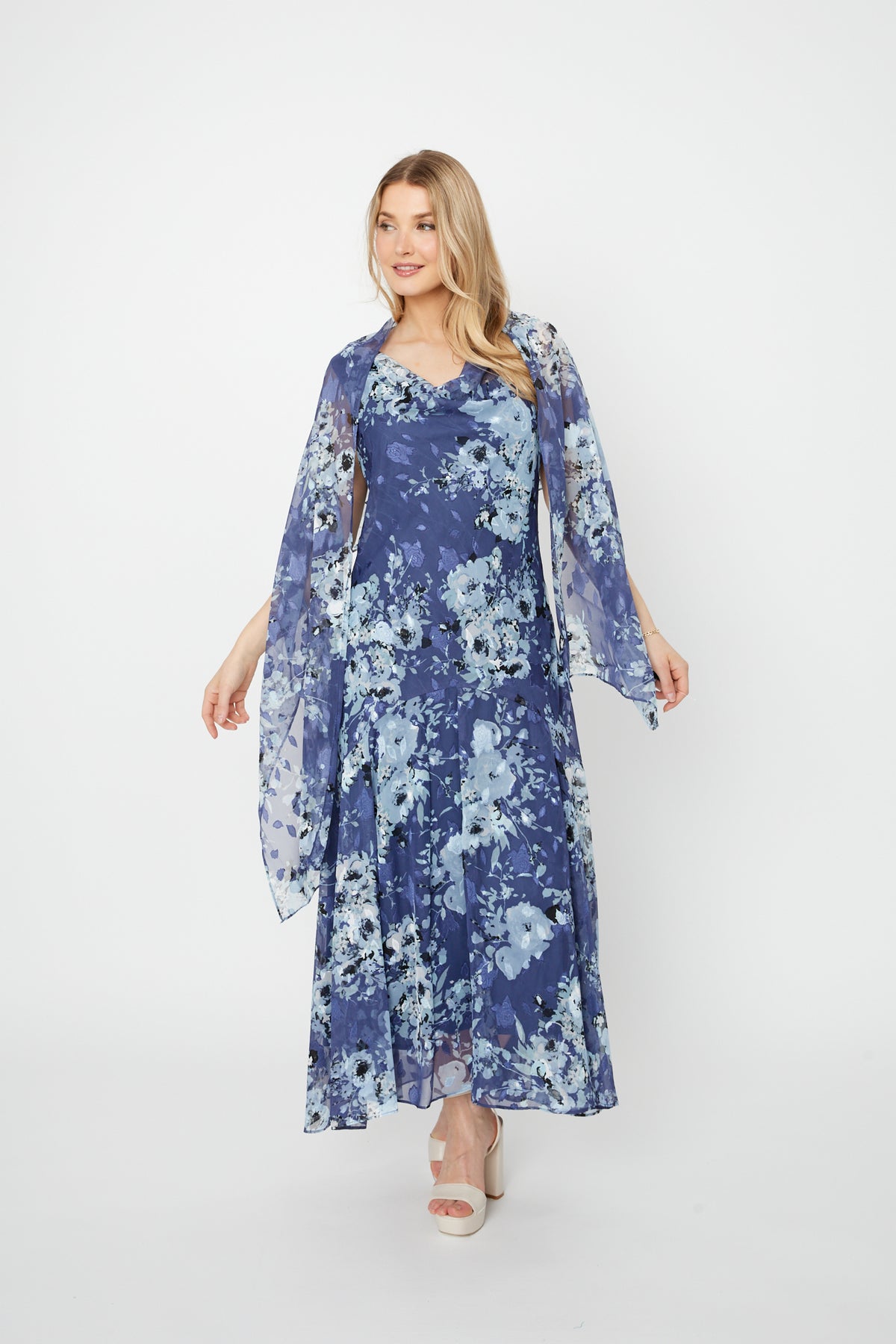 Tea Length Cowl Neck Printed Dress With High/Low Skirt and Shawl Alex Evenings 8175916