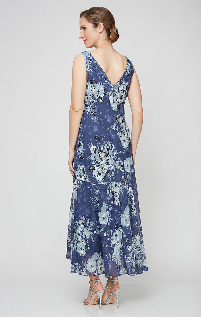 Formal Dresses Tea Length Floral Print Formal Evening Dress Wedgewood
