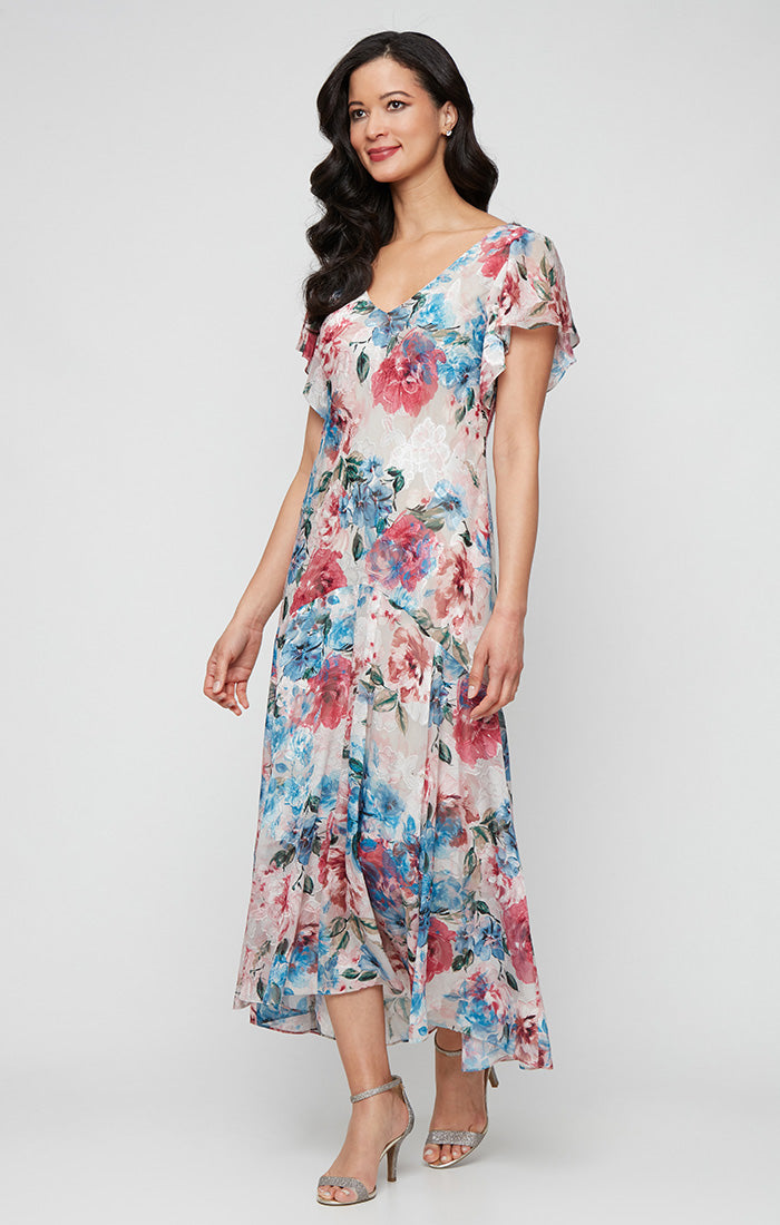 Mother of the Bride Dresses Mother of the Bride Formal Printed Tea Length Dress Taupe Multi