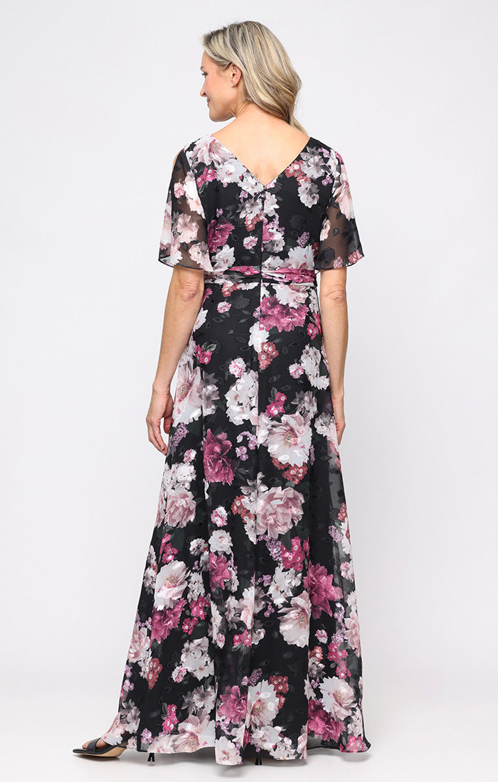Black Multi V-Neck Floor-Length Floral Chiffon Formal Dress with Flutter Sleeves Plus Size Alex Evenings 8475989