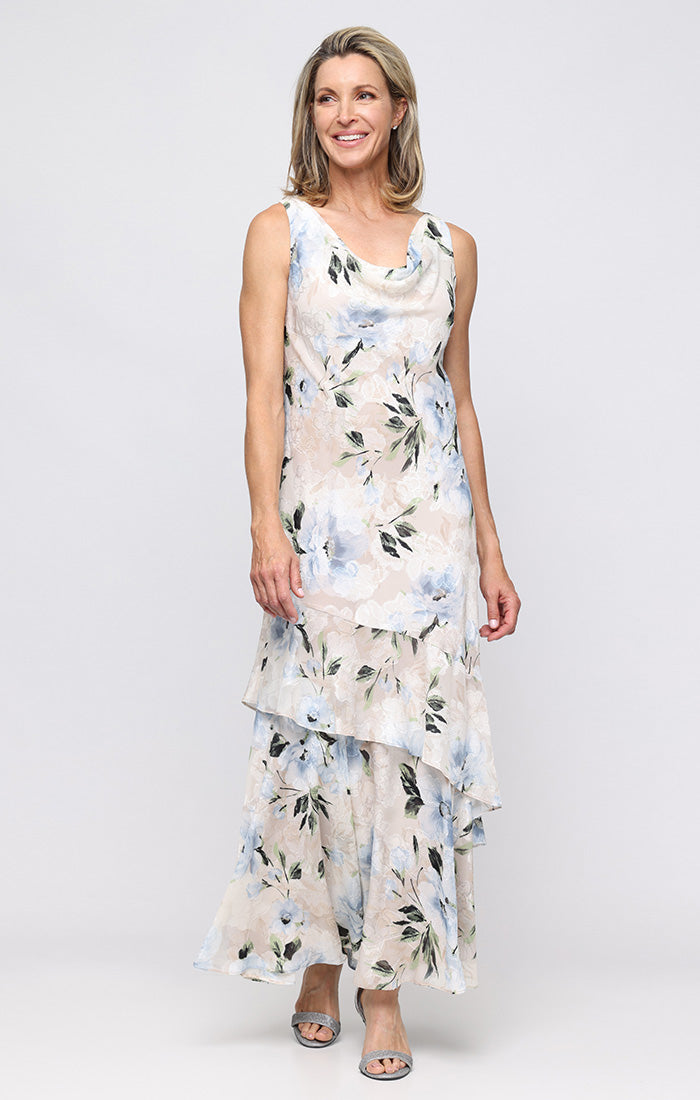 Formal Dresses Long Formal Floral Print Ruffle Dress Alex Evenings 8175994 Taupe Multi