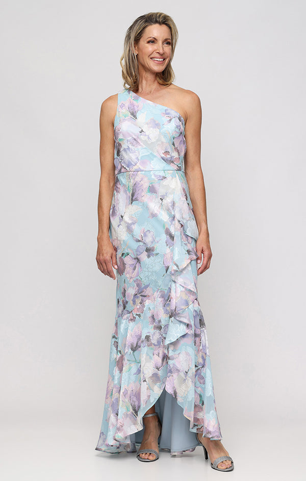 Blue/Multi One-Shoulder Floor-Length Chiffon Floral Print Gown with Cascading Ruffles Alex Evenings 8175997