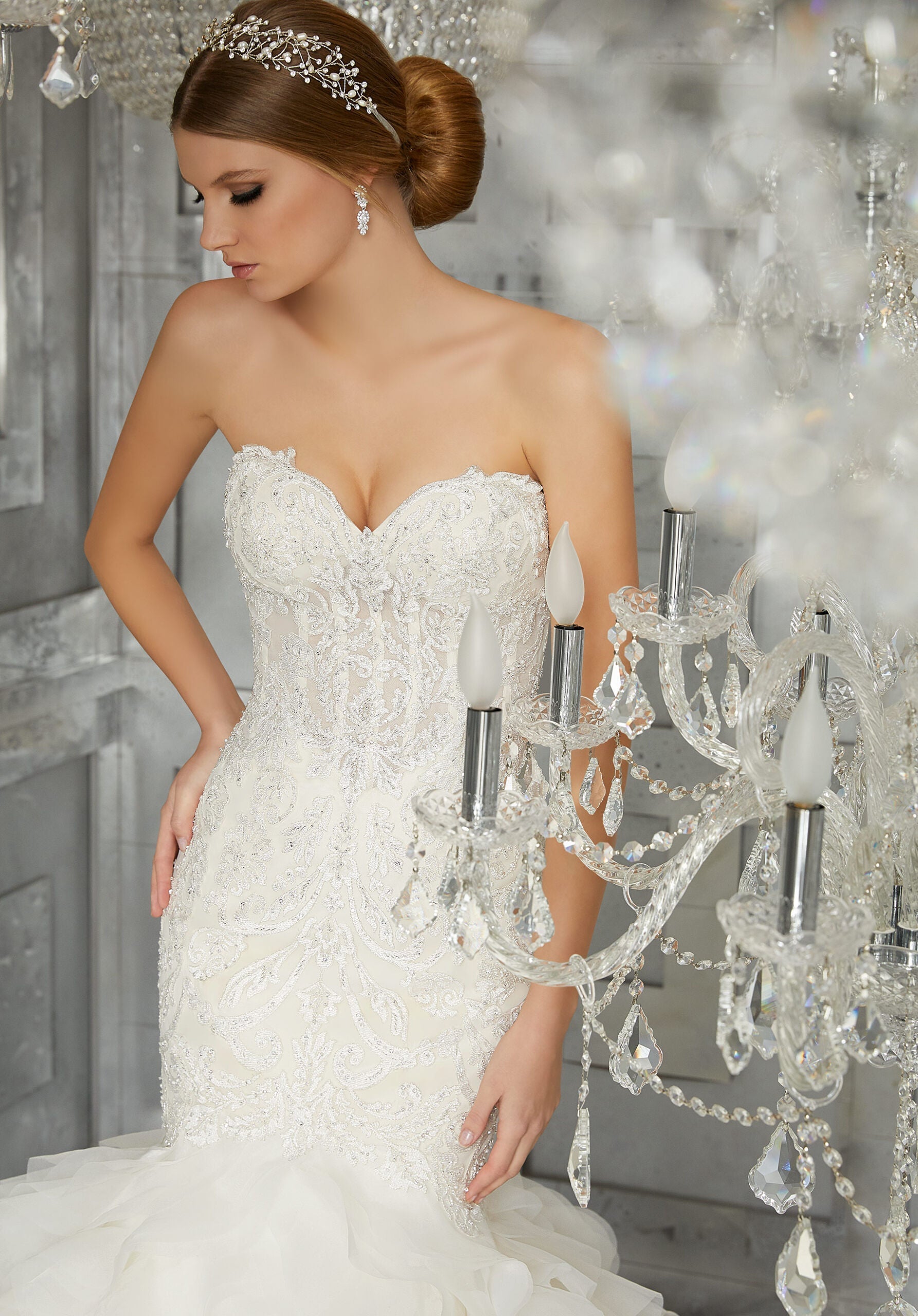 Wedding Dresses Long Bridal Beaded Mermaid Wedding Dress MGNY Madeline Gardner New York 8177 Ivory/Champagne