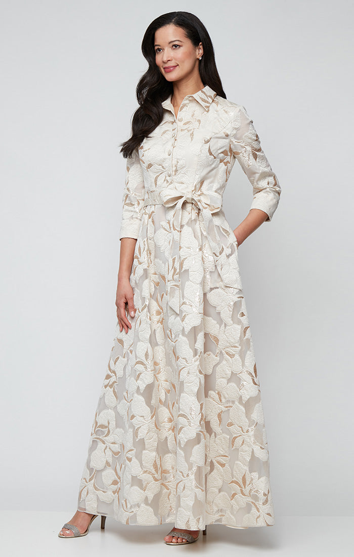 Ivory Gold Collar-Neck Floor-Length Floral Jacquard Formal Shirt Dress with Tie Waist Petite Alex Evenings 8281201