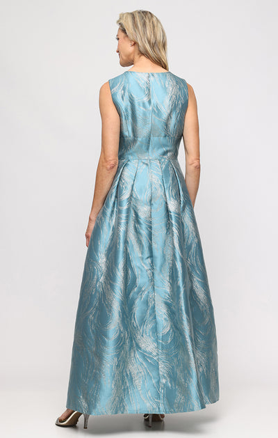 Teal Gold V-Neck Floor-Length Jacquard Gown with Ballgown Flyaway Panel Skirt Formal Dress Alex Evenings 8281257