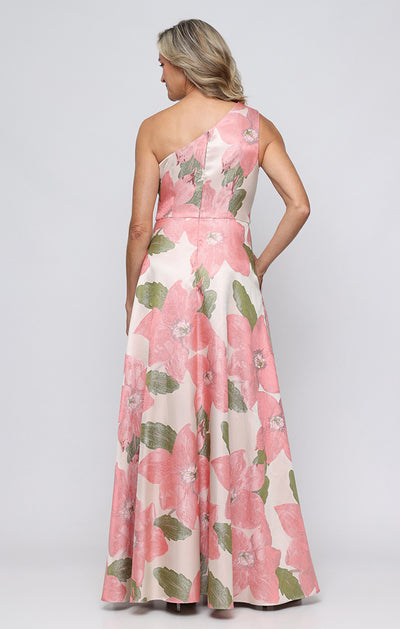 Coral Multi One-Shoulder Floor-Length Jacquard Formal Gown with Floral Print Alex Evenings 8281287