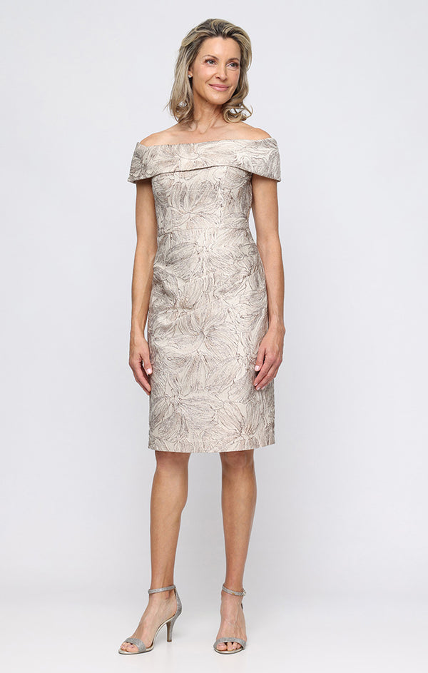 Taupe Off-the-Shoulder Knee-Length Jacquard Cocktail Dress with Foldover Cuff Alex Evenings 8181294