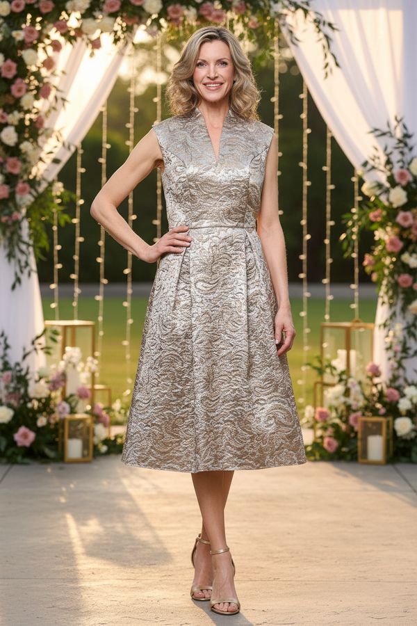 V-Neck Tea-Length Satin Cocktail A-Line Alex Evenings 8181343