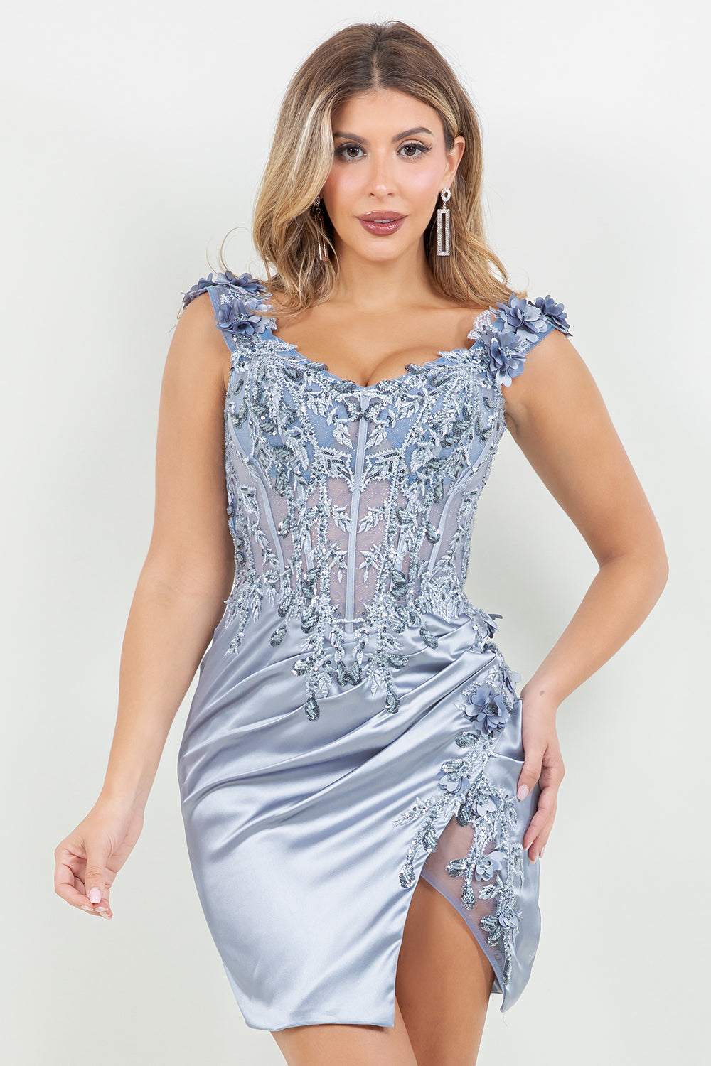 Cocktail Dresses 3D Floral Short Lace Beaded Cocktail Dress Cinderella Couture 8181JS Blue
