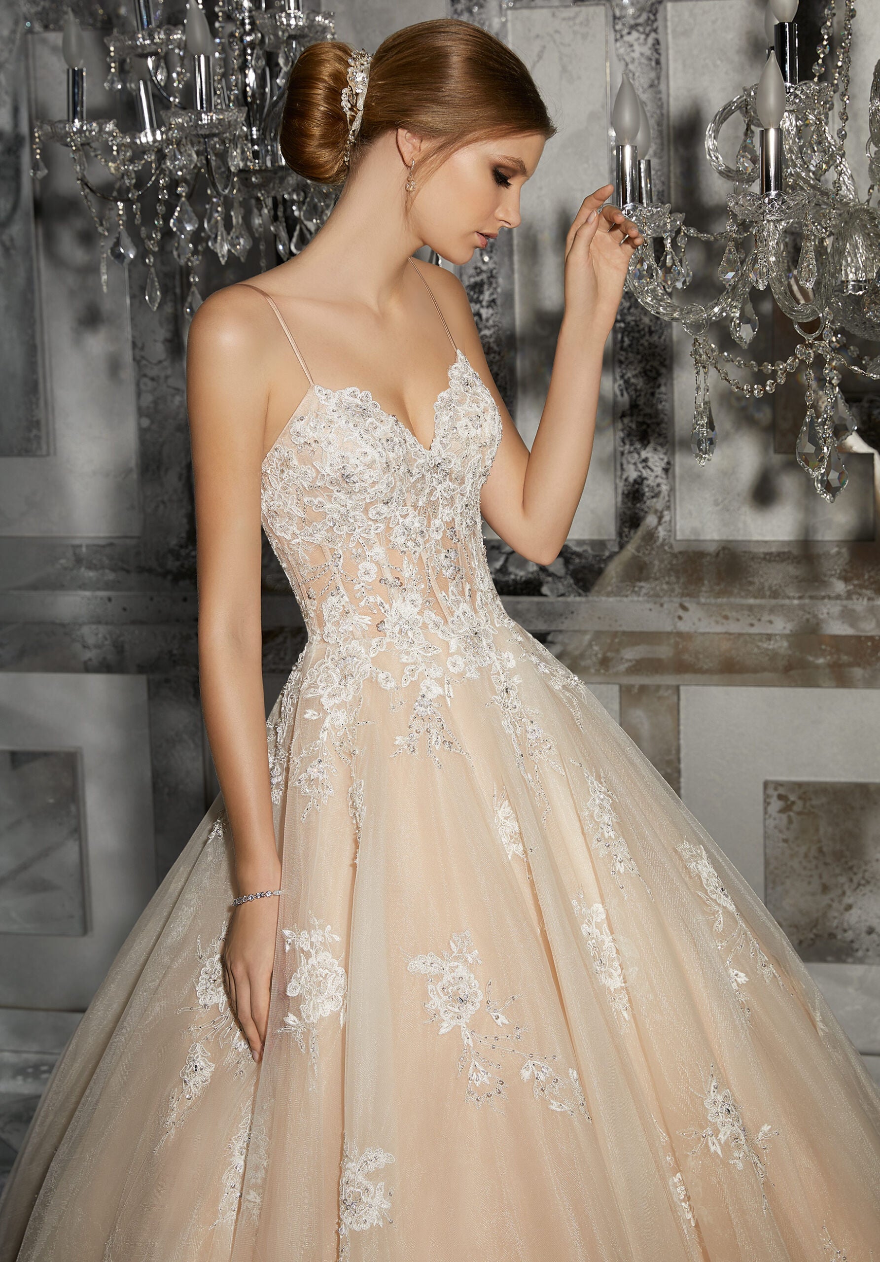 Wedding Dresses Long Bridal A Line Wedding Dress MGNY Madeline Gardner New York 8187 Ivory/Nude
