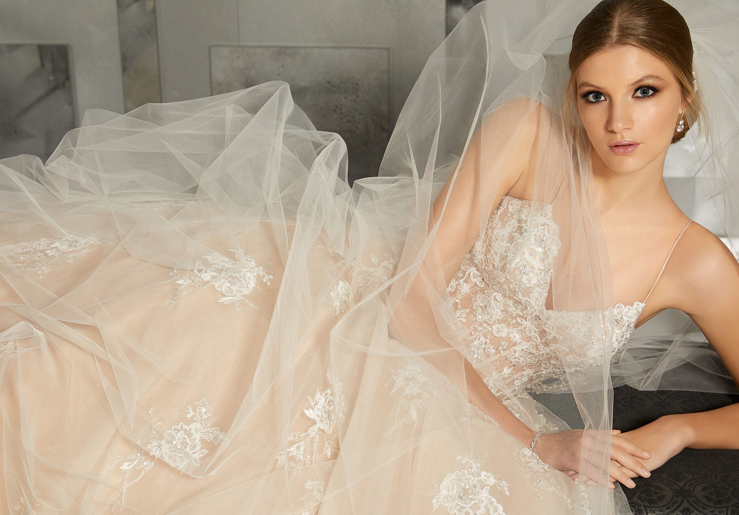 Wedding Dresses Long Bridal A Line Wedding Dress MGNY Madeline Gardner New York 8187 Ivory/Nude