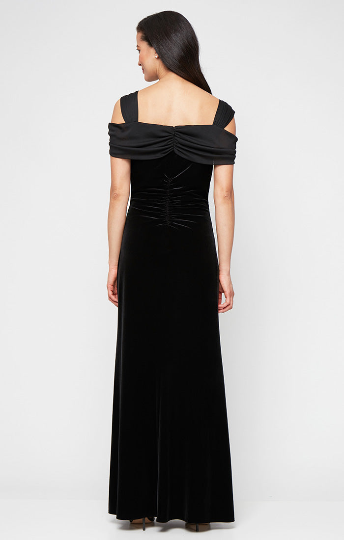 Black Cold-Shoulder Floor-Length Velvet Formal Gown with Side Slit and Ruched Detail Petite Alex Evenings 8291967