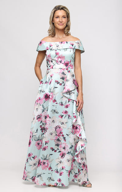 Mint Multi Off-the-Shoulder Floor-Length Printed Yoryu Formal Gown with Cascade Ruffle Alex Alex Evenings 8192033