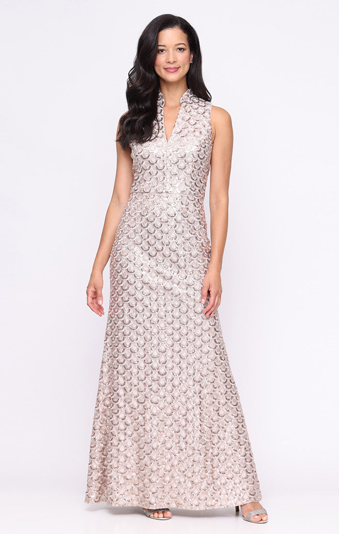Formal Dresses Fitted Sequin Long Evening Formal Dress Taupe