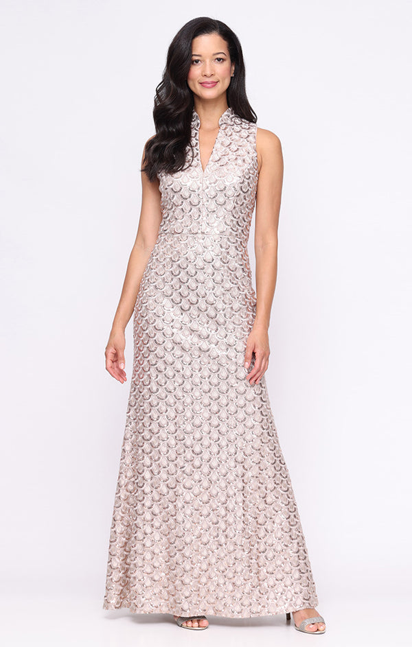 Taupe V-Neck Floor-Length Sequin Gown with Stand Collar Alex Evenings 82961022