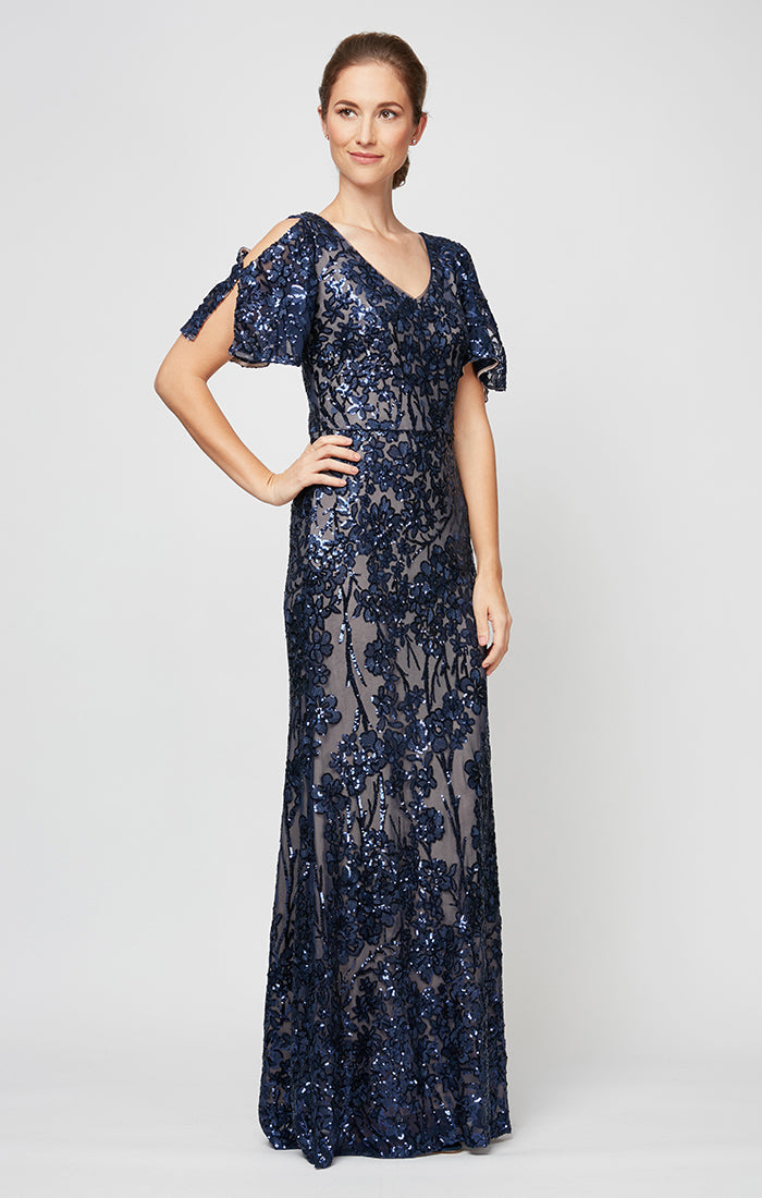 Mother of the Bride Dresses A Line Long Formal Petite Mother of the Bride Sequin Dress Navy/Nude