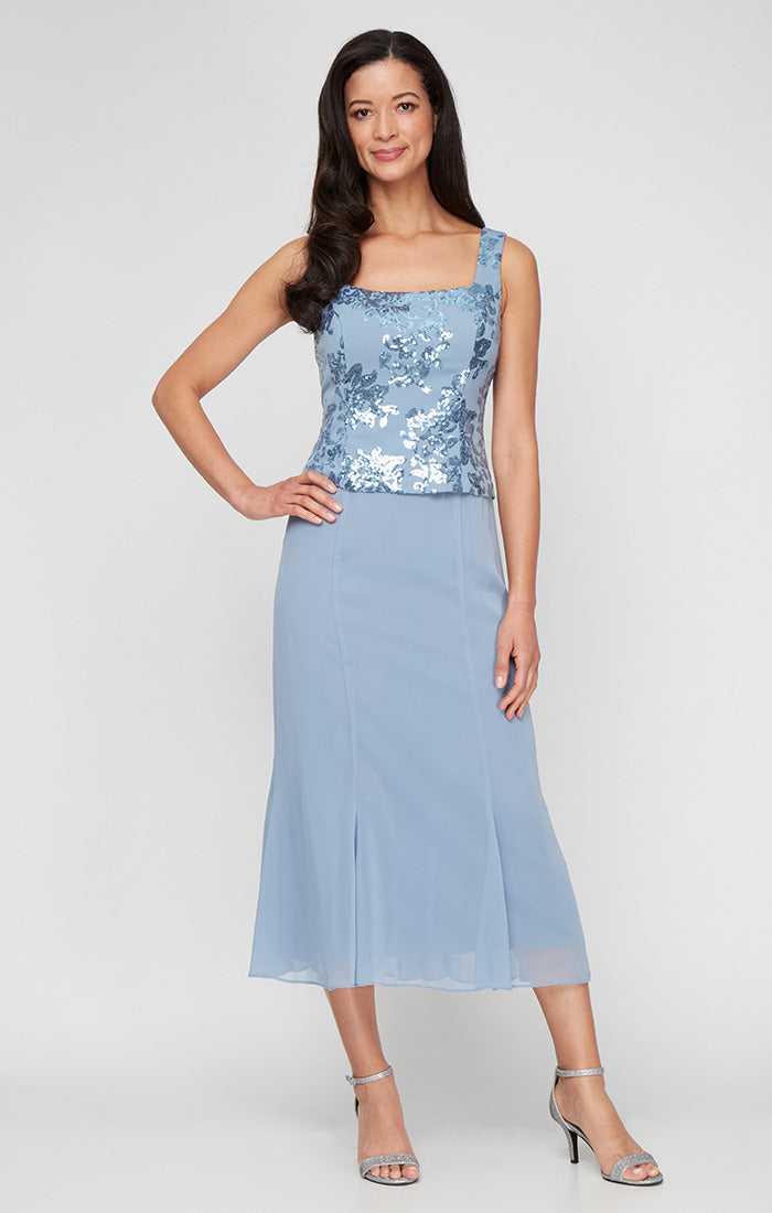 Mother of the Bride Dresses Petite Mother of the Bride Sequin Tea Length Cocktail Jacket Dress Dusty Blue
