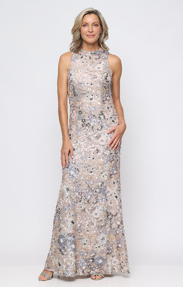 Taupe Multi Scoop Neckline Floor-Length Floral Sequin Gown with High Slit Formal Dress Alex Evenings 8296996