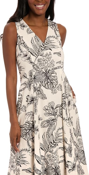 London Times T8197M V-Neck Midi Linen Cocktail Dress Sleeveless