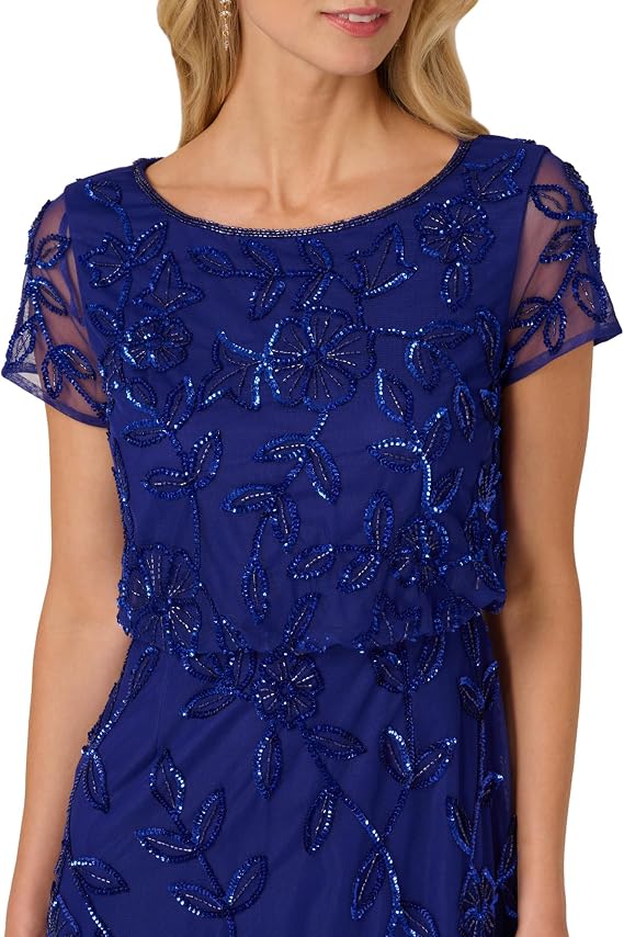 Dark Blue Violet Adrianna Papell AP1E211232 Bateau Long Mesh Evening Dress Allover Beaded Vine