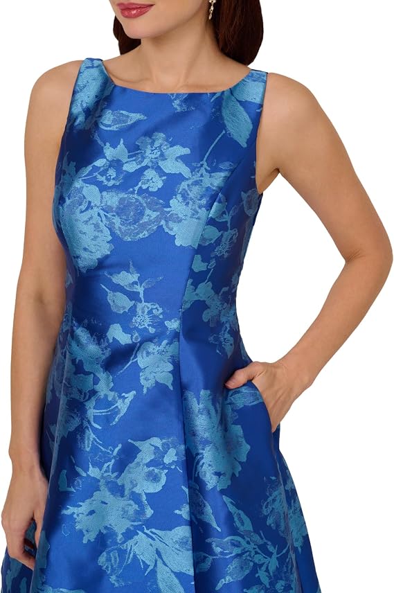 Blue Multi Adrianna Papell AP1E211980W Bateau Short Jacquard Cocktail Dress