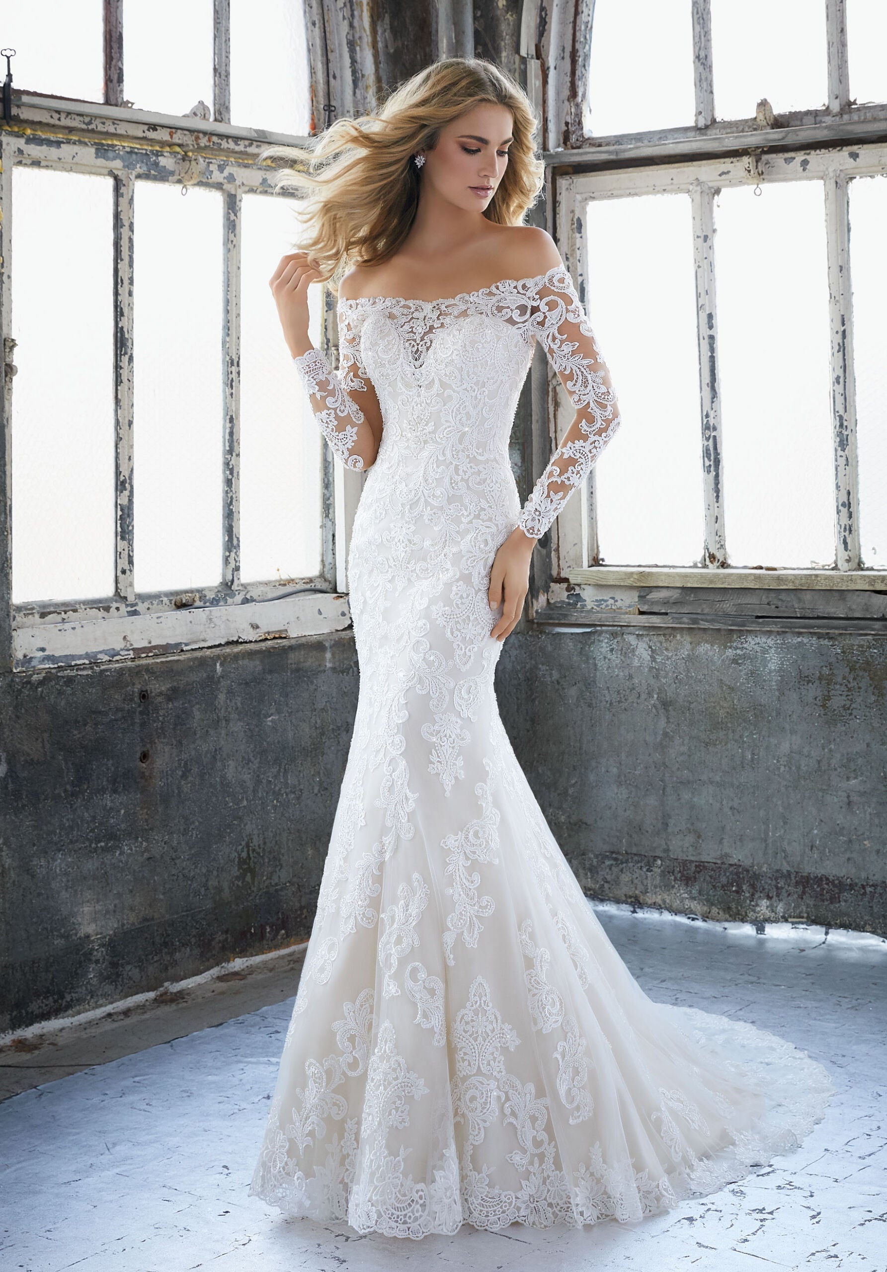 Wedding Dresses Lace Long Sleeve Wedding Bridal Dress MGNY Madeline Gardner New York 8207 Ivory/Creme