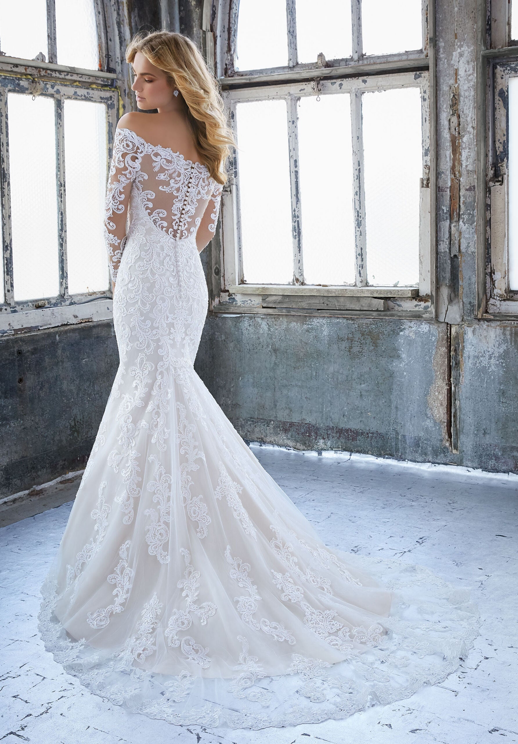 Wedding Dresses Lace Long Sleeve Wedding Bridal Dress MGNY Madeline Gardner New York 8207 Ivory/Creme