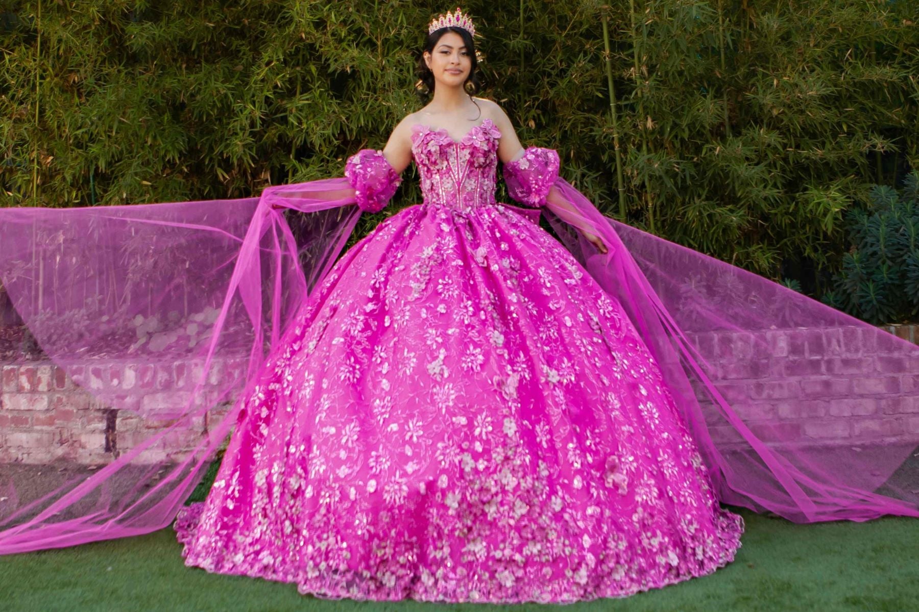 Quinceniera Dresses 3D Floral Applique Beaded Quinceanera Dress Cinderella Couture 8210J Fuchsia