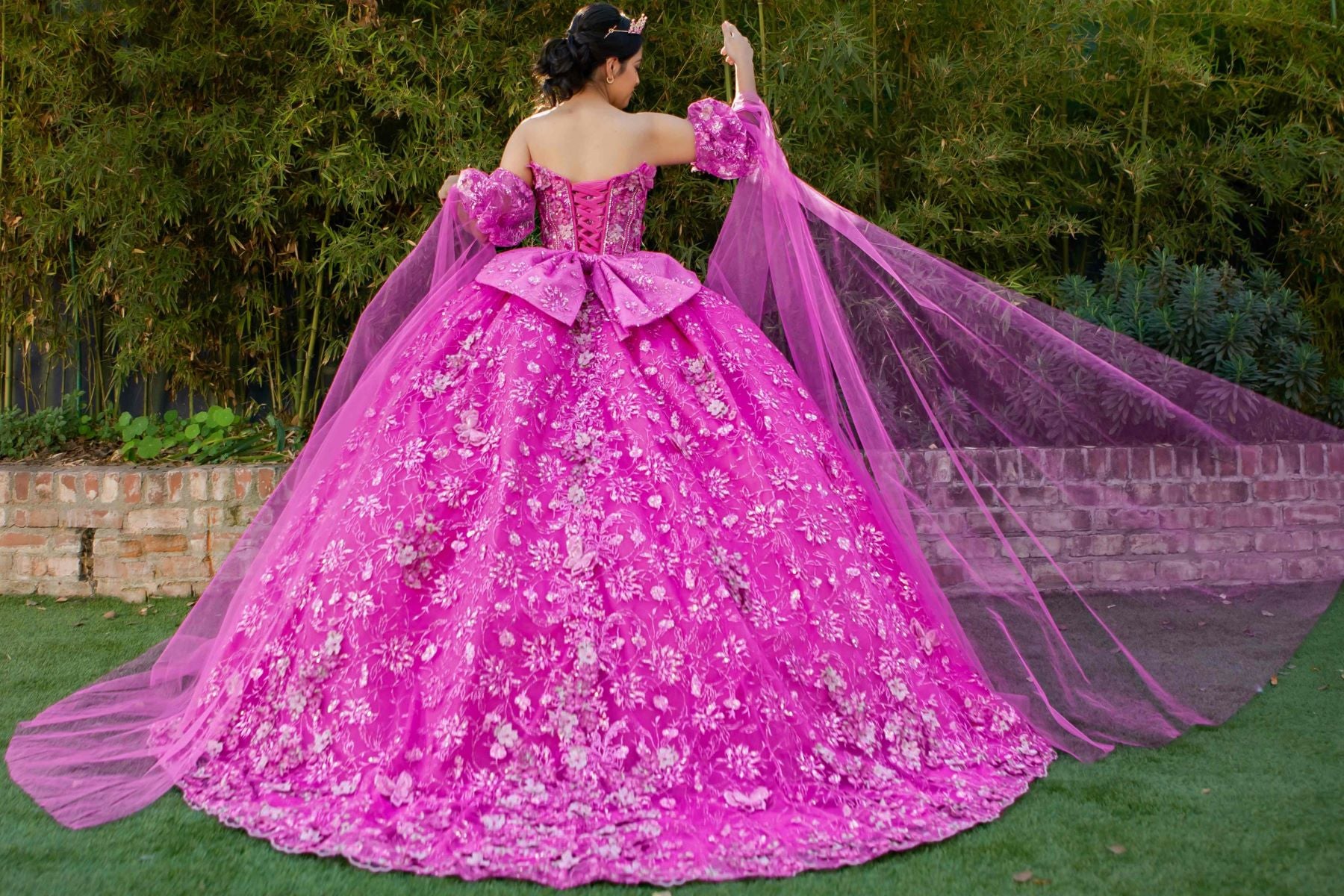 Quinceniera Dresses 3D Floral Applique Beaded Quinceanera Dress Cinderella Couture 8210J Fuchsia