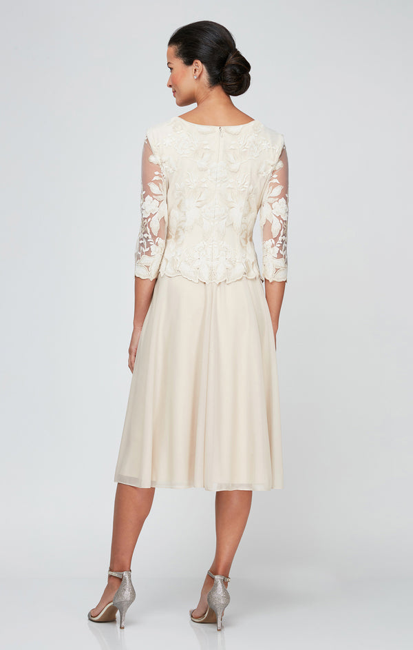 Tea Length Embroidered Mock Dress With Illusion Sleeves, Scallop Detail and Full Sk Alex Evenings 82122420