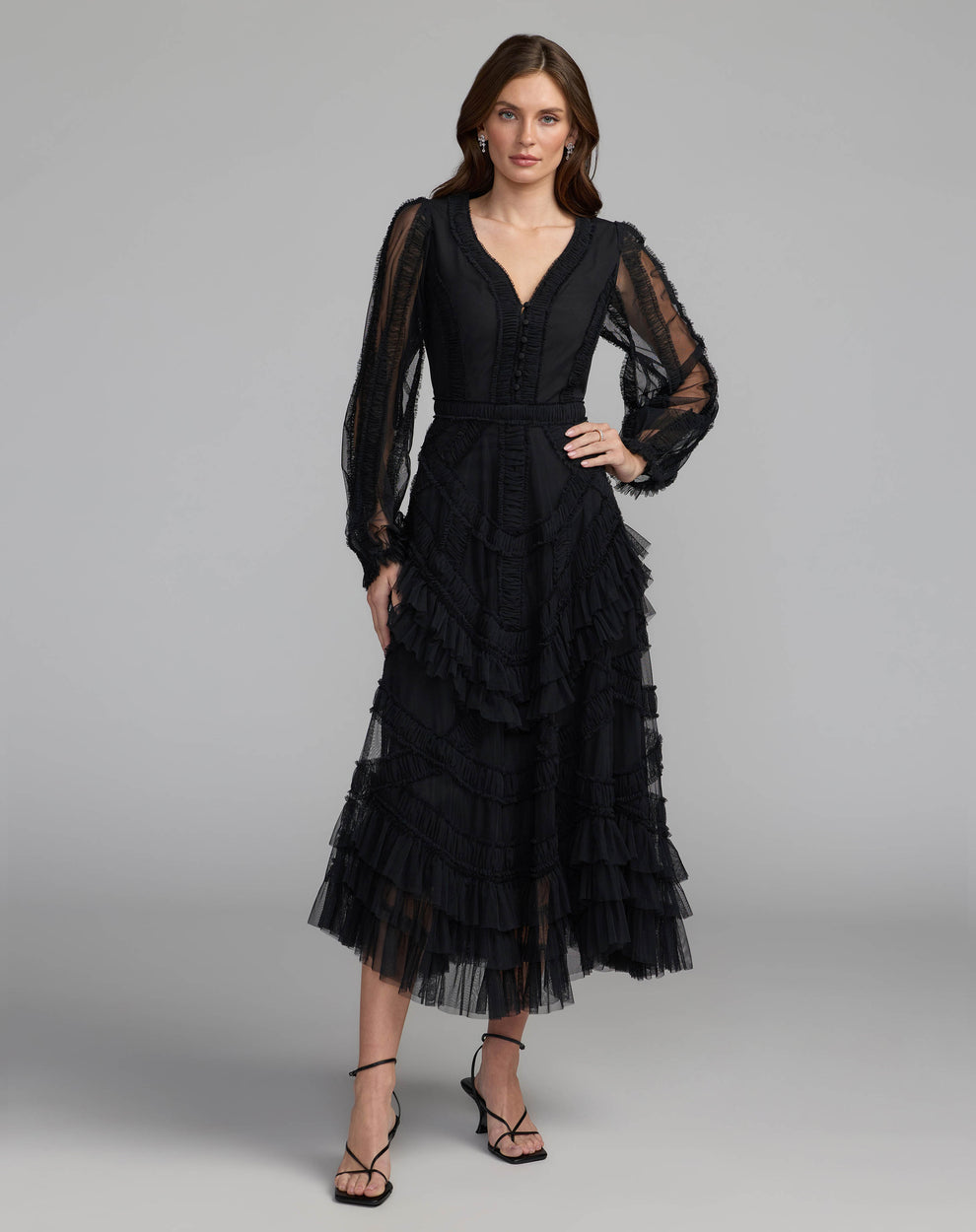 V-Neck Midi Tulle Occasion Fit & Flare Mac Duggal 998247P