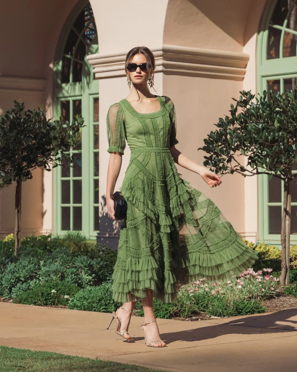 Cocktail Dresses Ruffled Tea Length Cocktail Dress Moss Green