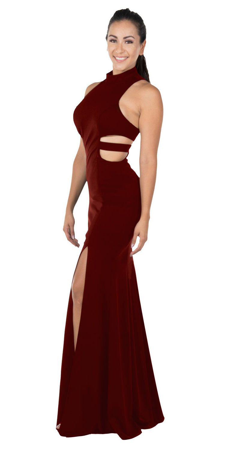 Burgundy High-Neck Floor-Length Jersey Prom Dress with Side Cut-Outs and Double Slits Poly USA 8248