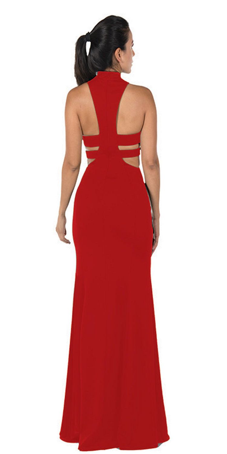 Red High-Neck Floor-Length Jersey Prom Dress with Side Cut-Outs and Double Slits Poly USA 8248