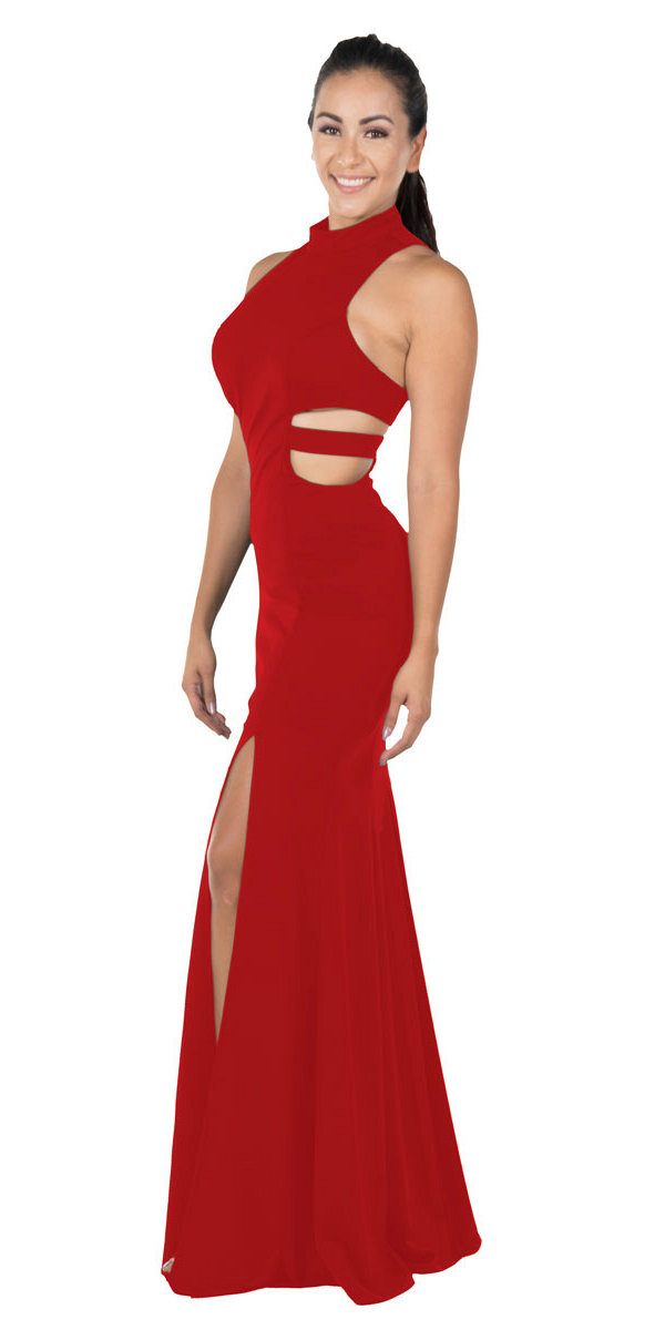 Red High-Neck Floor-Length Jersey Prom Dress with Side Cut-Outs and Double Slits Poly USA 8248