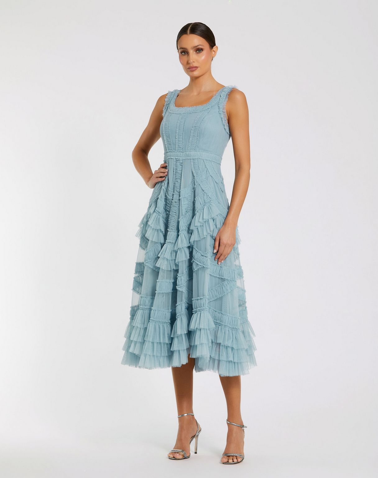French Blue Mac Duggal 8250 A Line Tea Length Ruffle Midi Cocktail