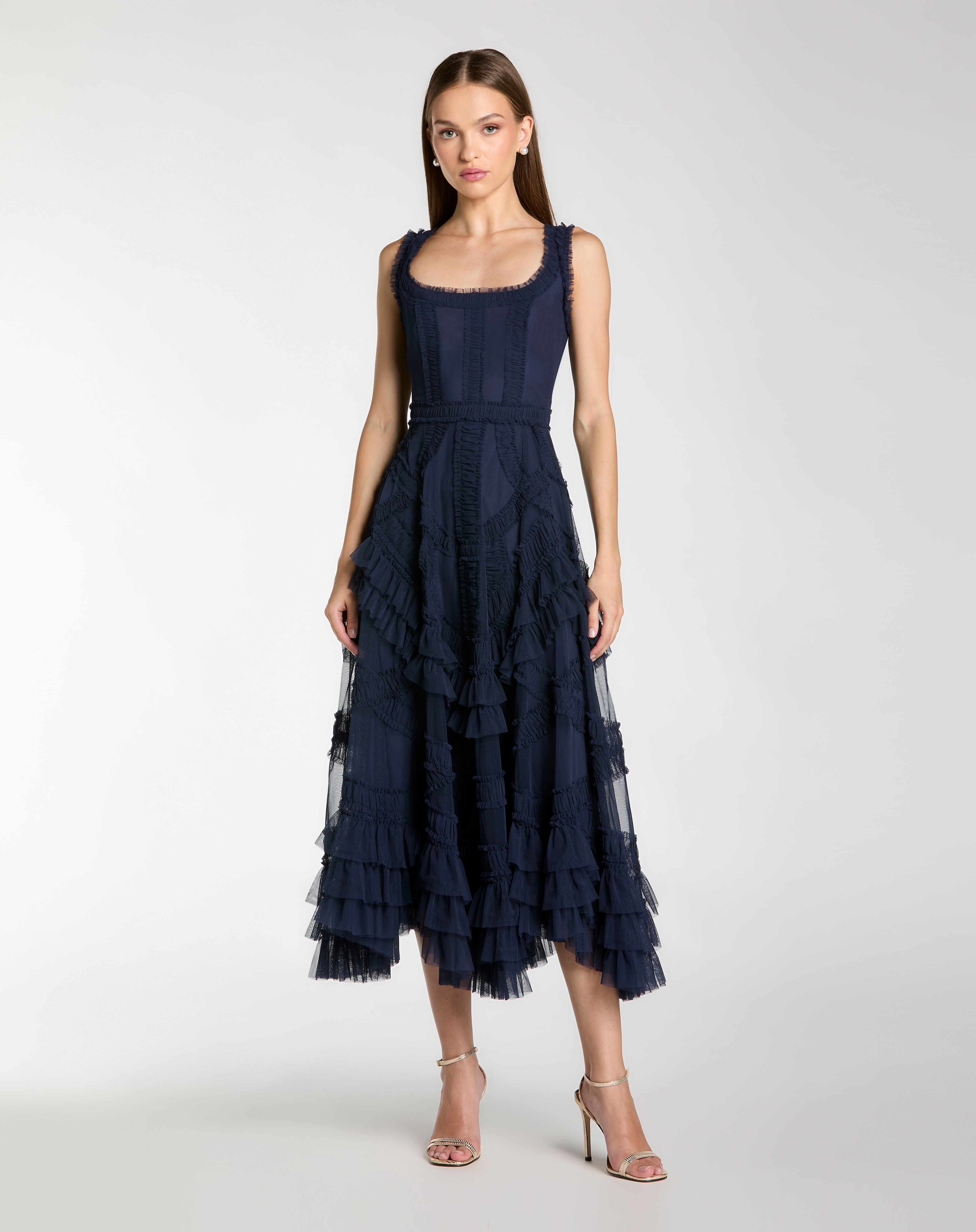 Cocktail Dresses A Line Tea Length Ruffle Midi Cocktail Dress Midnight
