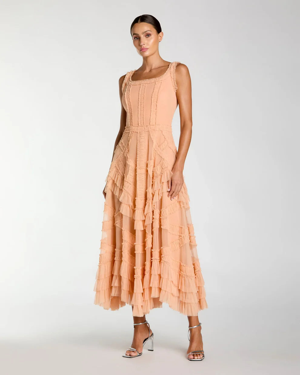 Cocktail Dresses A Line Tea Length Ruffle Midi Cocktail Dress Peach