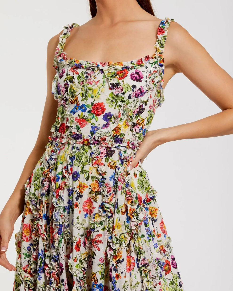 Cocktail Dresses Short Ruffle Tea Length Floral Cocktail Dress Mac Duggal 8256 Blue Multi